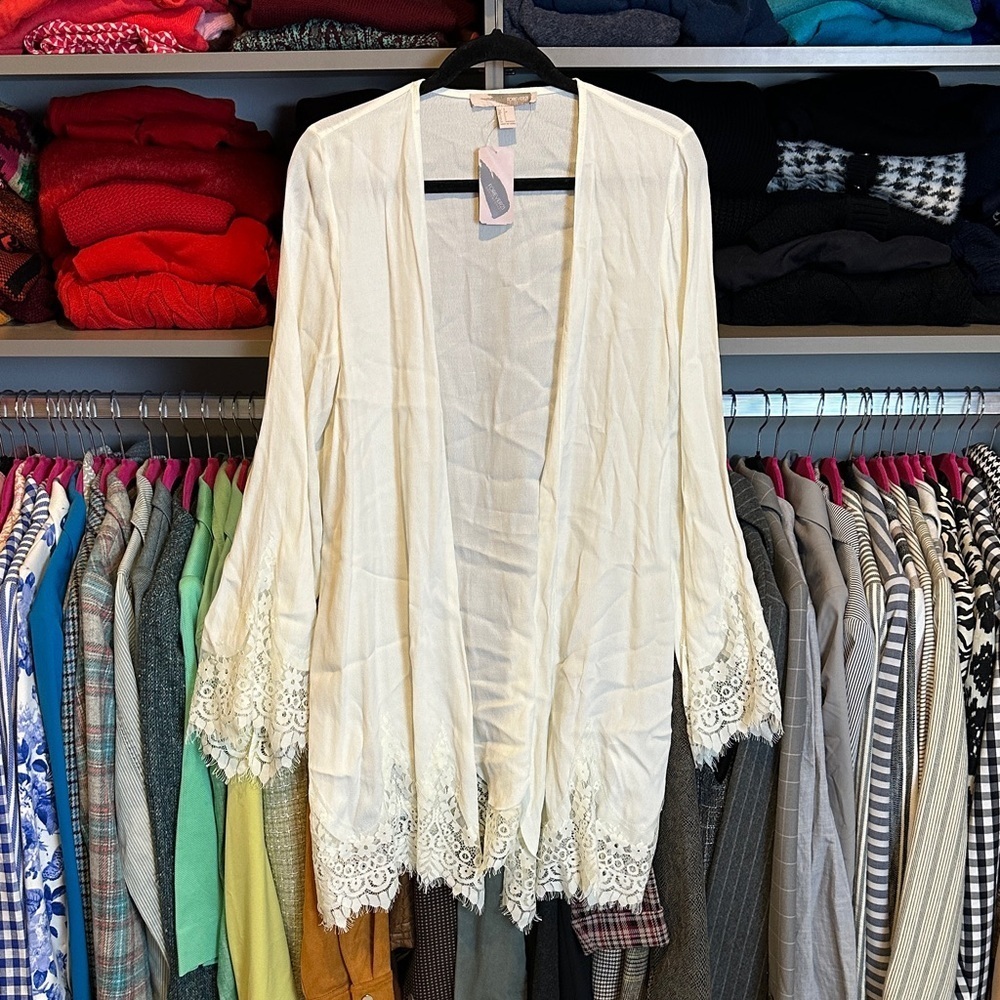 Forever 21 ivory long sleeve lace trimmed open front kimono size S NWT